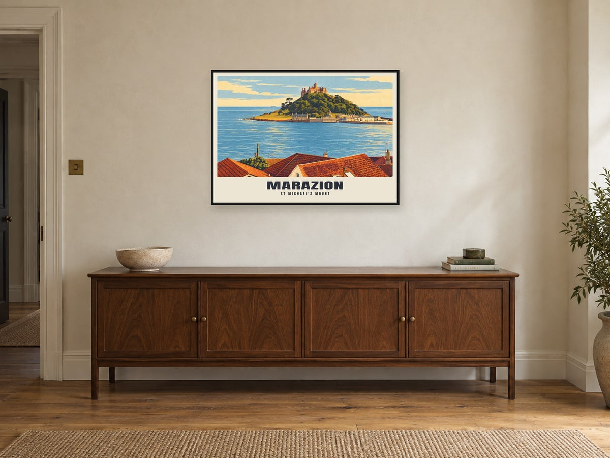 St Michael's Mount, Marazion Poster at A1, in a black frame, above a sideboard