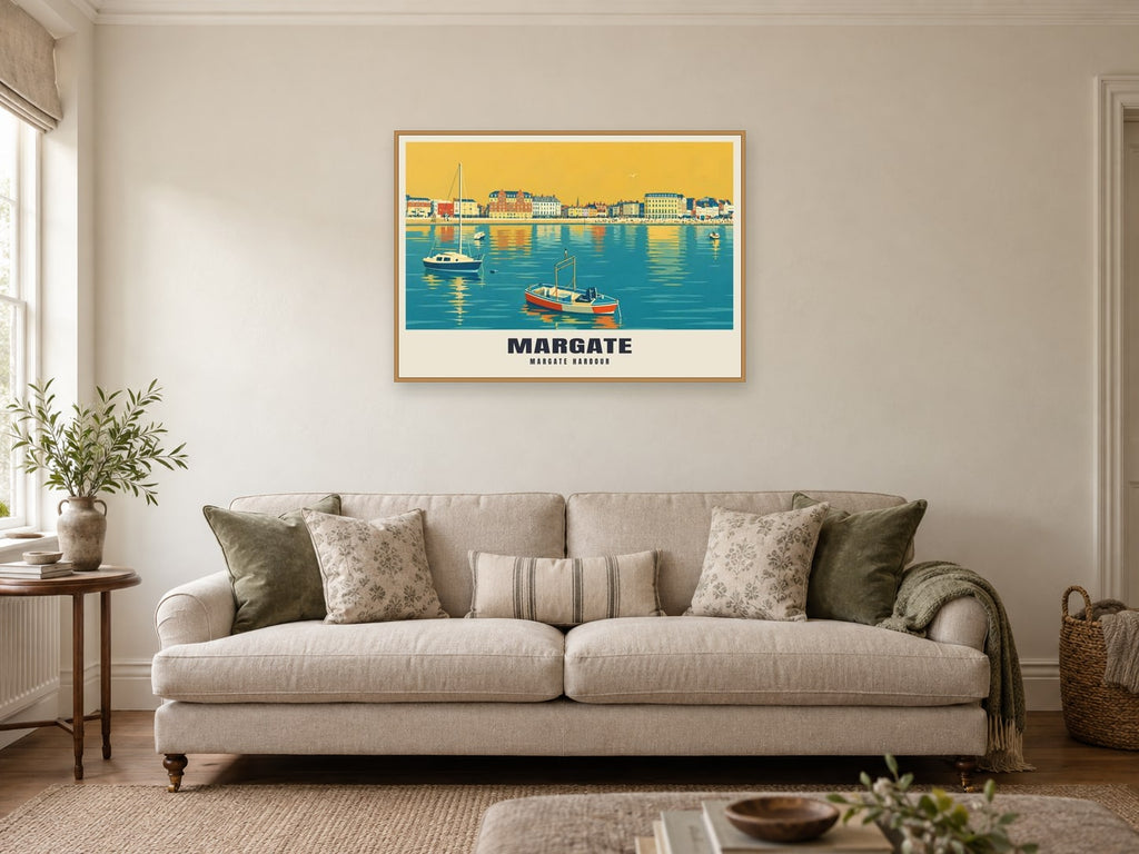 Margate Harbour Poster at A1, in an oak frame, in a sitting room