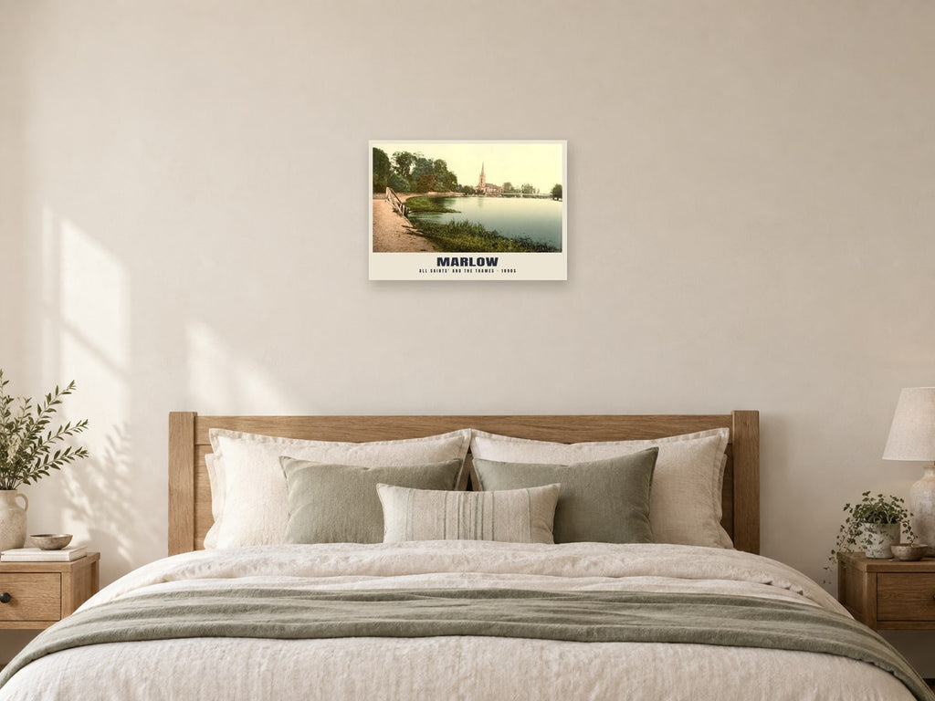 The Thames at Marlow, 1890s Heritage Print at A2, as a poster, above a bed