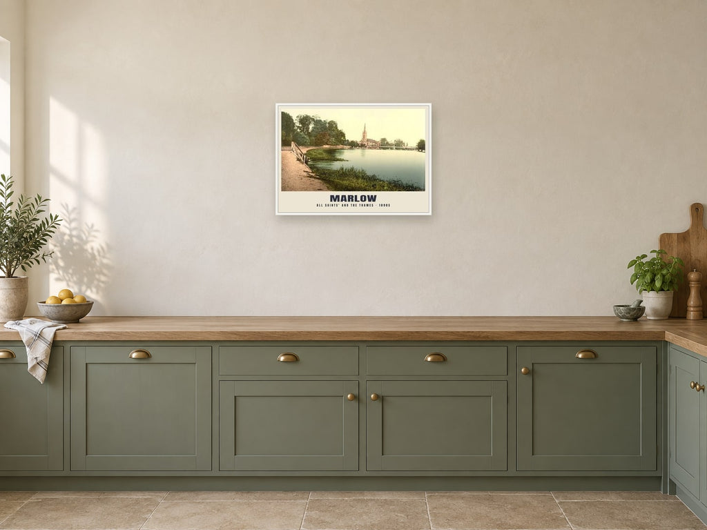 The Thames at Marlow, 1890s Heritage Print at A2, in a white frame, in a kitchen