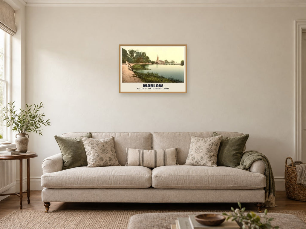 The Thames at Marlow, 1890s Heritage Print at A2, in an oak frame, in a sitting room