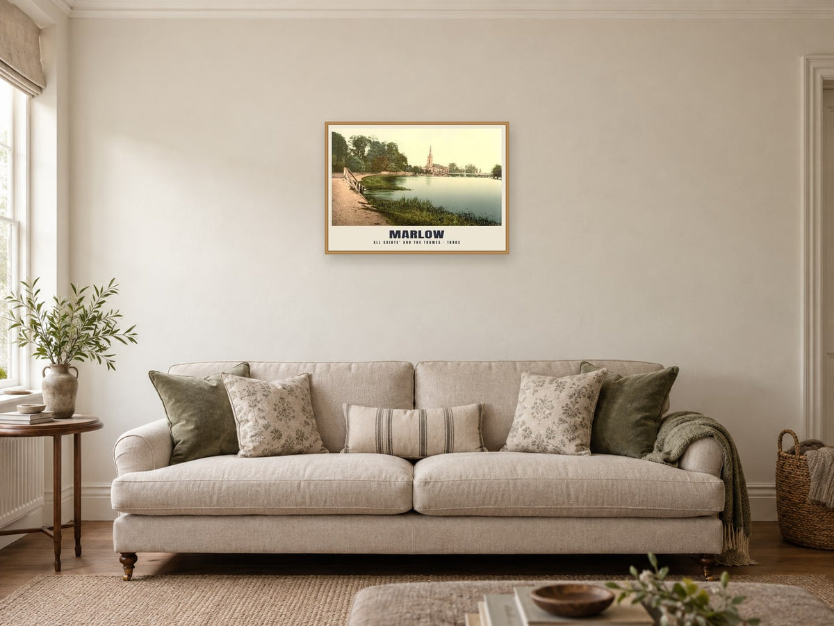 The Thames at Marlow, 1890s Heritage Print at A2, in an oak frame, in a sitting room