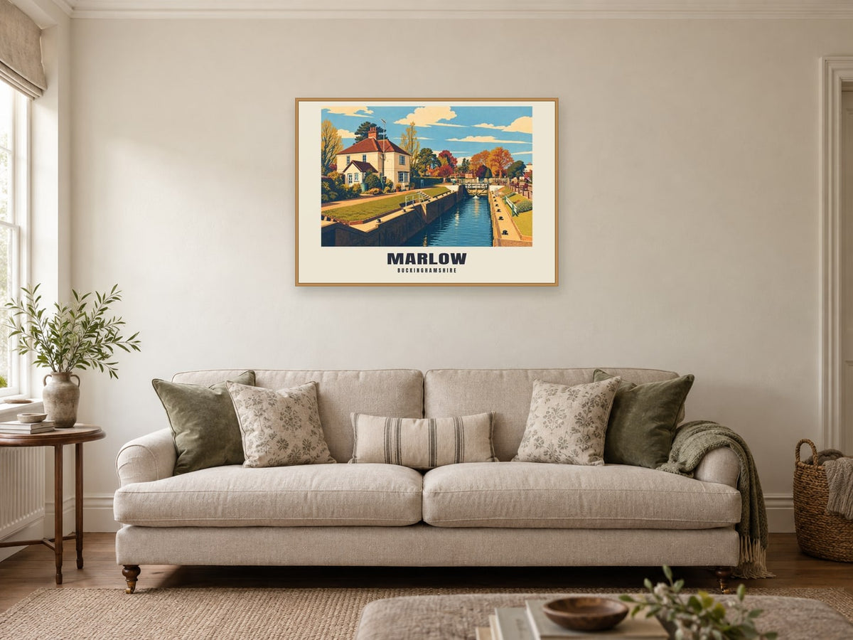 Marlow Poster — Marlow Lock at A1, in an oak frame, in a sitting room
