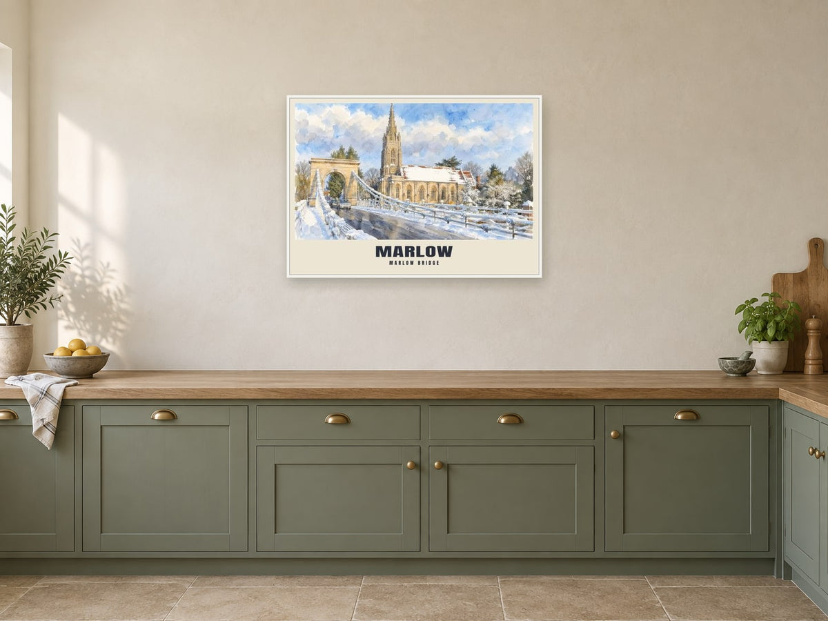 Marlow Suspension Bridge Poster at A1, in a white frame, in a kitchen