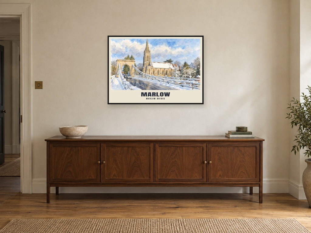 Marlow Suspension Bridge Poster at A1, in a black frame, above a sideboard