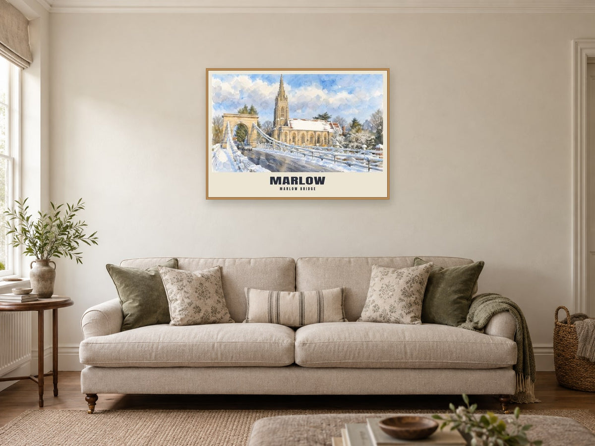 Marlow Suspension Bridge Poster at A1, in an oak frame, in a sitting room