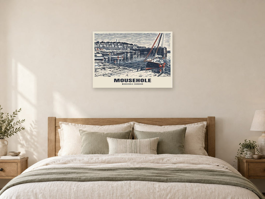 Mousehole Harbour Poster at A1, as a poster, above a bed