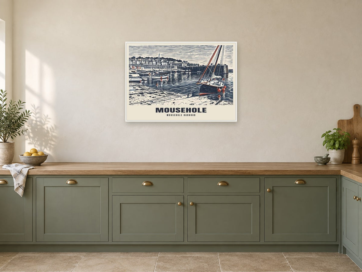 Mousehole Harbour Poster at A1, in a white frame, in a kitchen