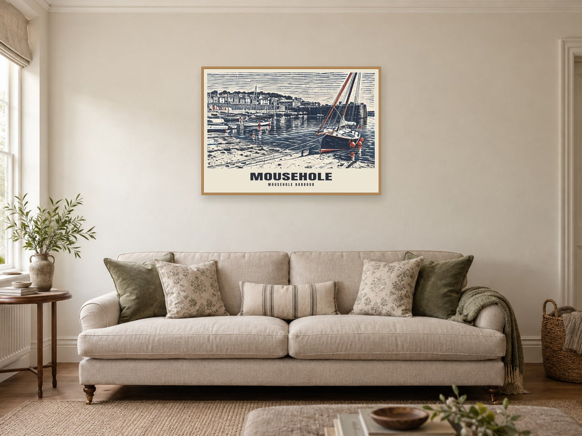 Mousehole Harbour Poster at A1, in an oak frame, in a sitting room
