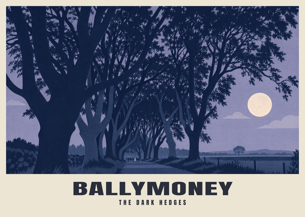 The Dark Hedges, Ballymoney poster in the Moonlit style