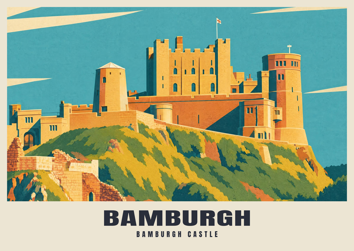 Bamburgh Castle poster in the Mid-Century style