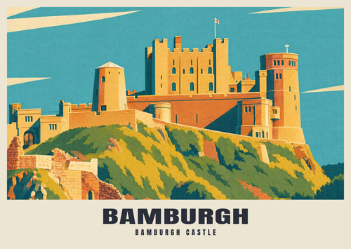 Bamburgh Castle poster in the Mid-Century style