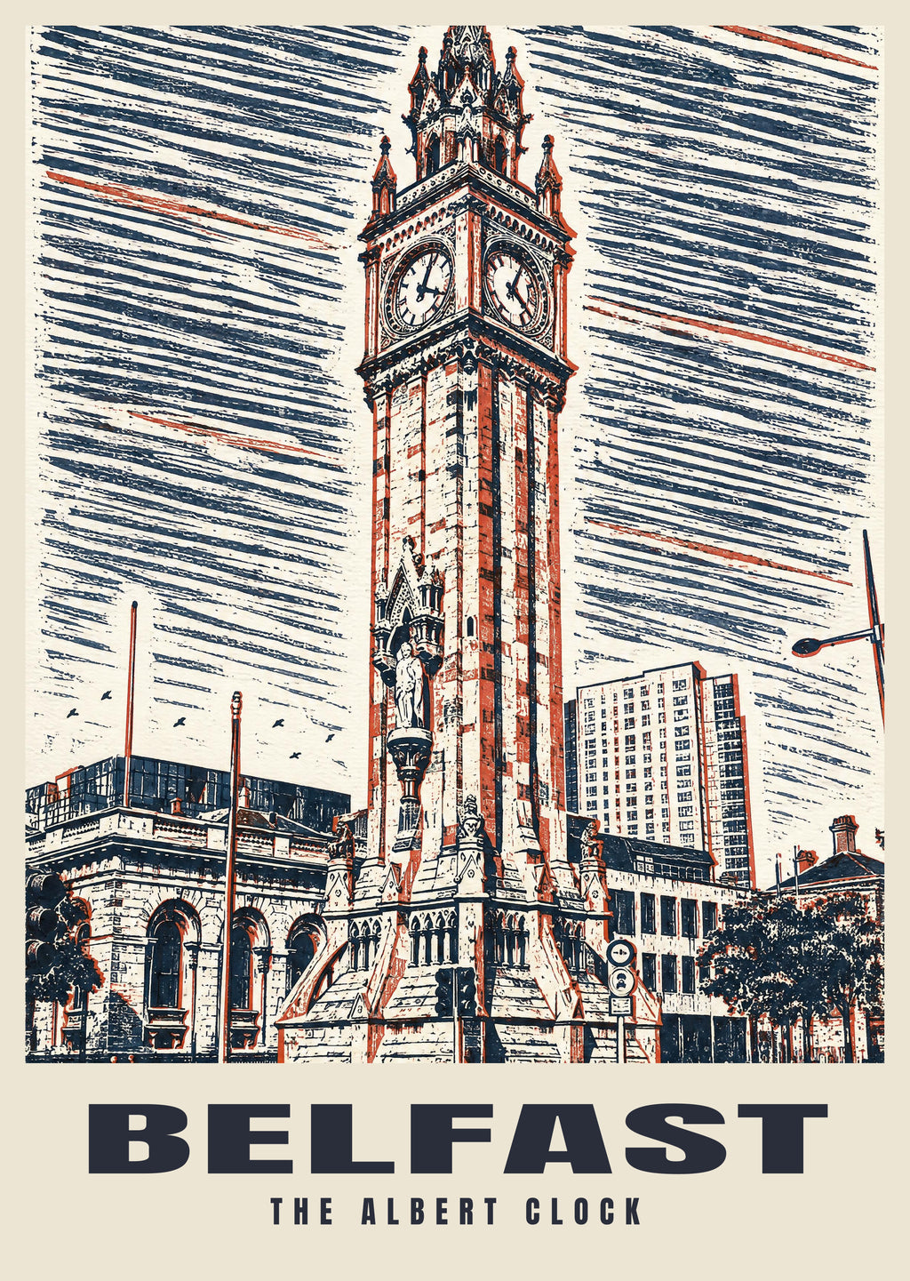 The Albert Clock, Belfast poster in the Linocut style