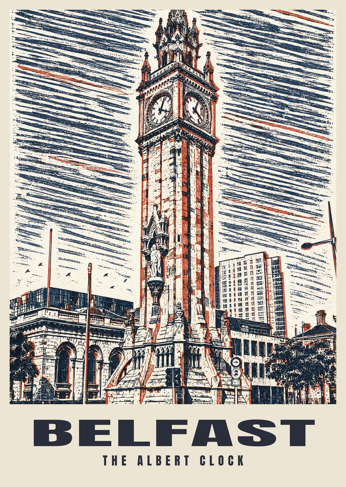 The Albert Clock, Belfast poster in the Linocut style