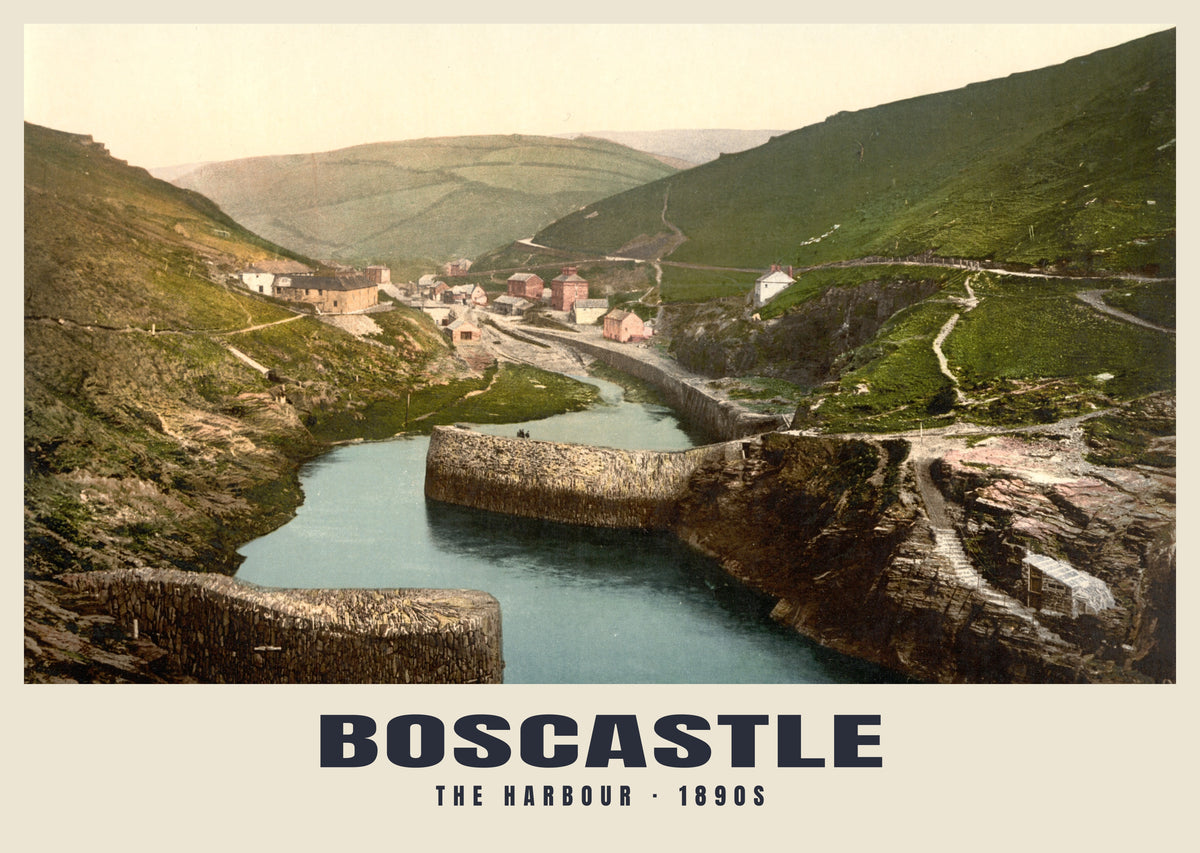 The Harbour, Boscastle, 1890s hand-coloured photochrom heritage print