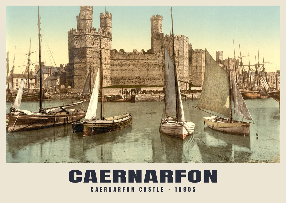 Caernarfon Castle, 1890s hand-coloured photochrom heritage print