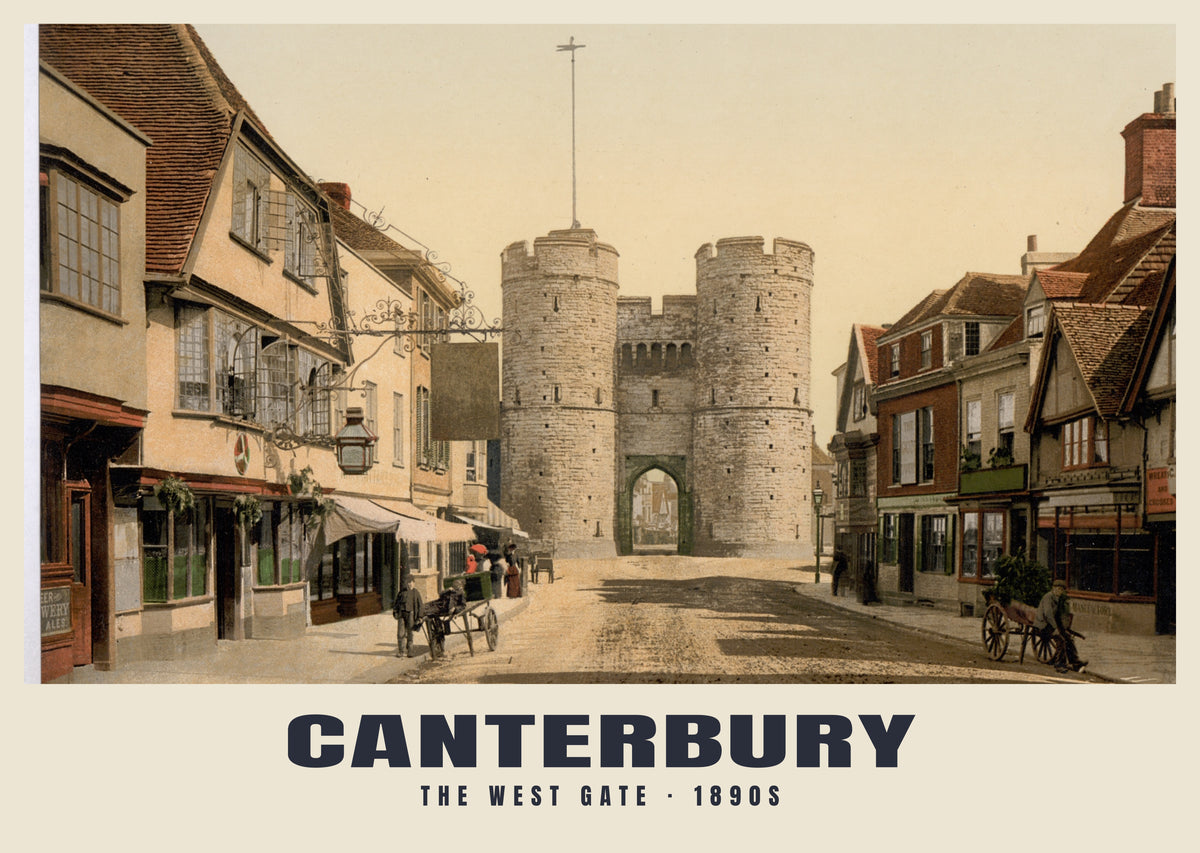 The West Gate, Canterbury, 1890s hand-coloured photochrom heritage print