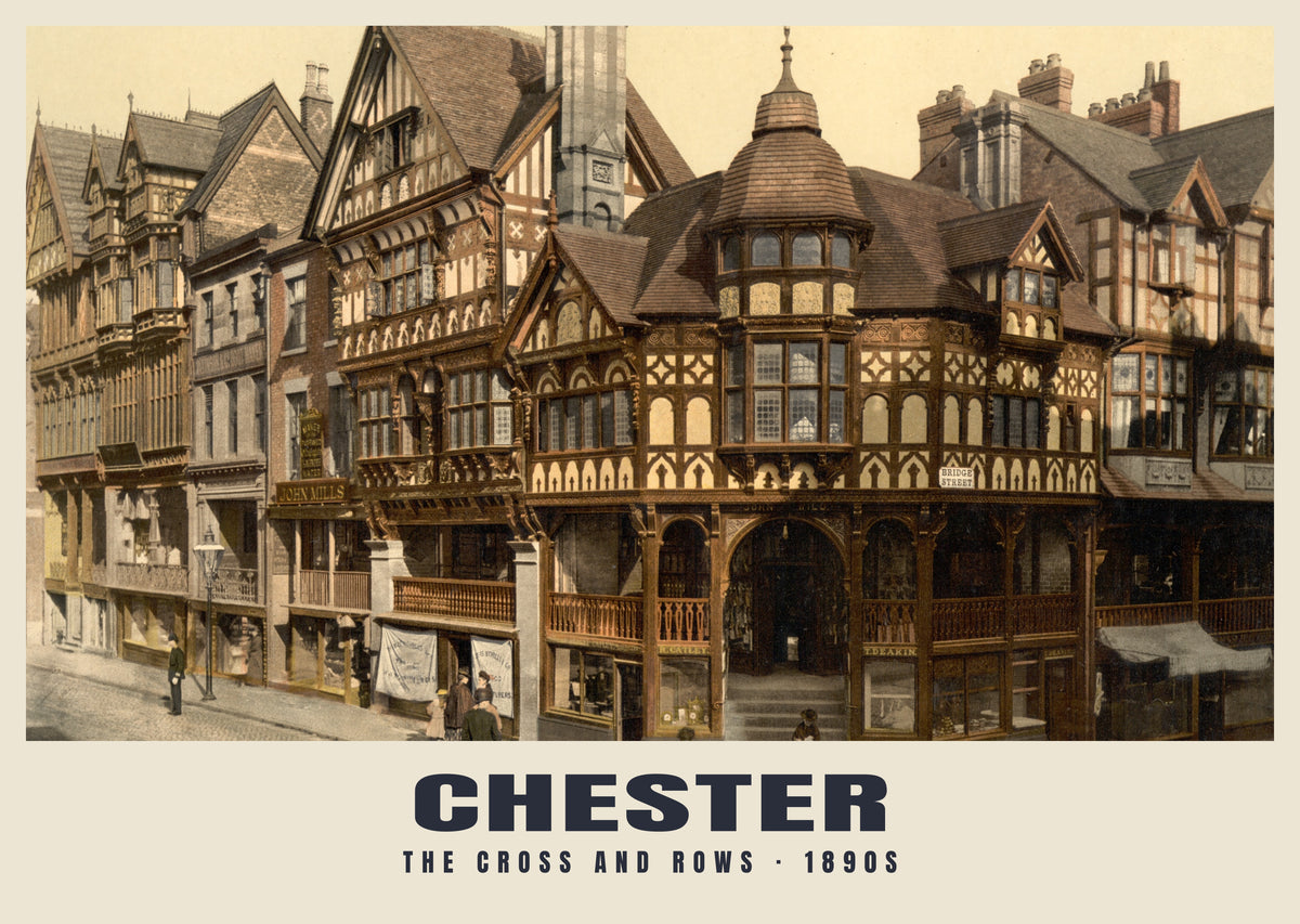 The Cross and Rows, Chester, 1890s hand-coloured photochrom heritage print