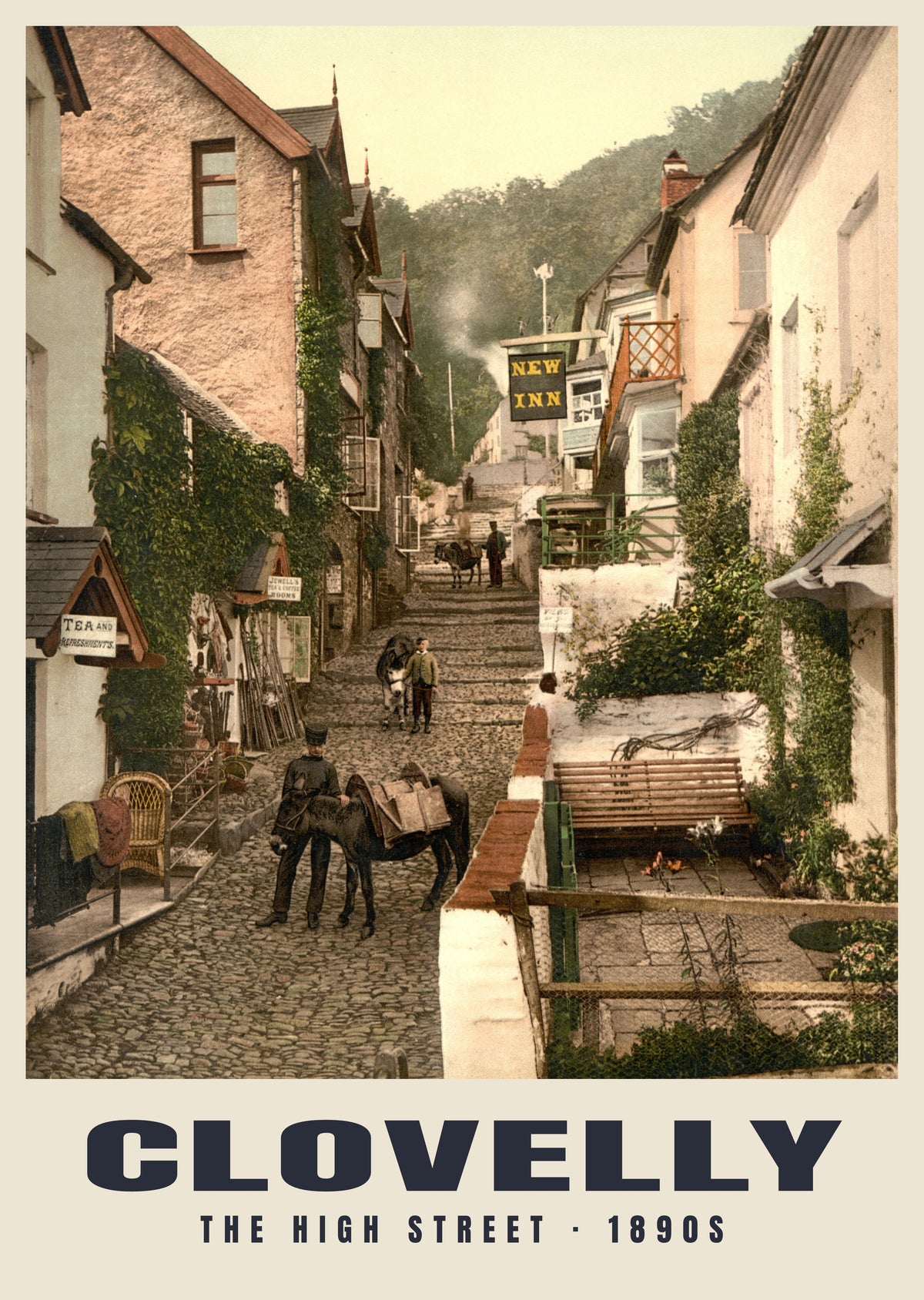 The High Street, Clovelly, 1890s hand-coloured photochrom heritage print