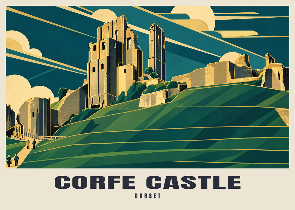 Corfe Castle poster in the Art Deco style