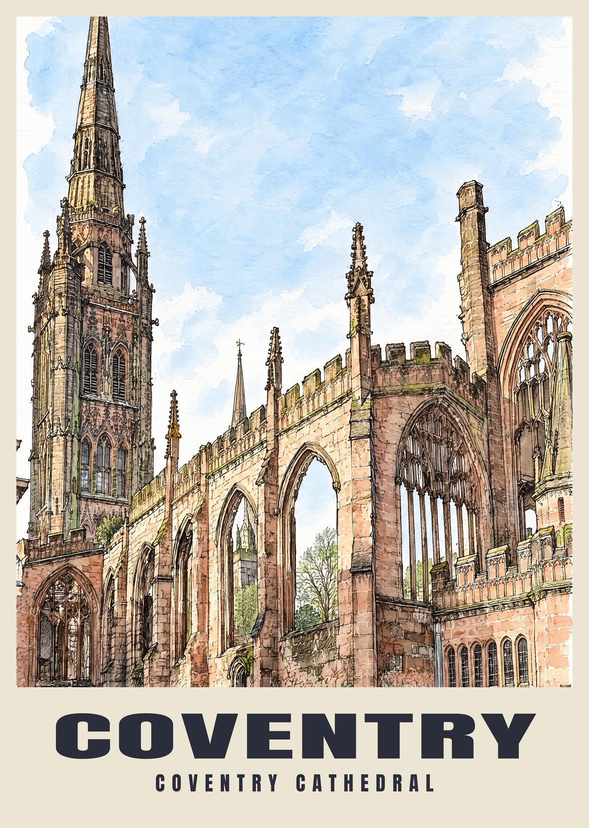 Coventry Cathedral poster in the Ink & Wash style