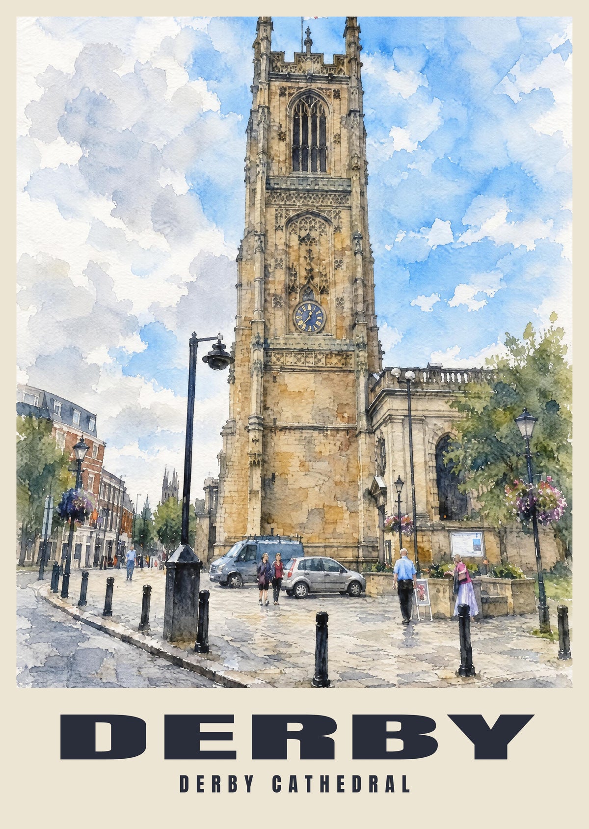 Derby Cathedral poster in the English Watercolour style
