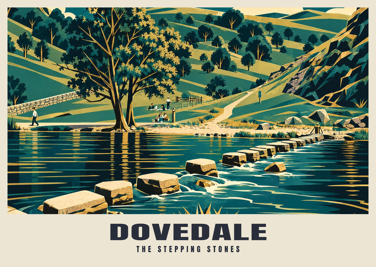 Dovedale stepping stones poster in the Art Deco style