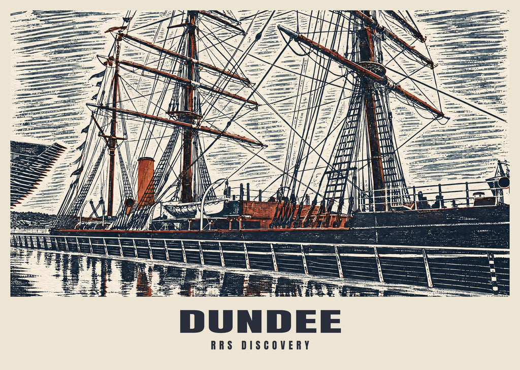 RRS Discovery, Dundee poster in the Linocut style