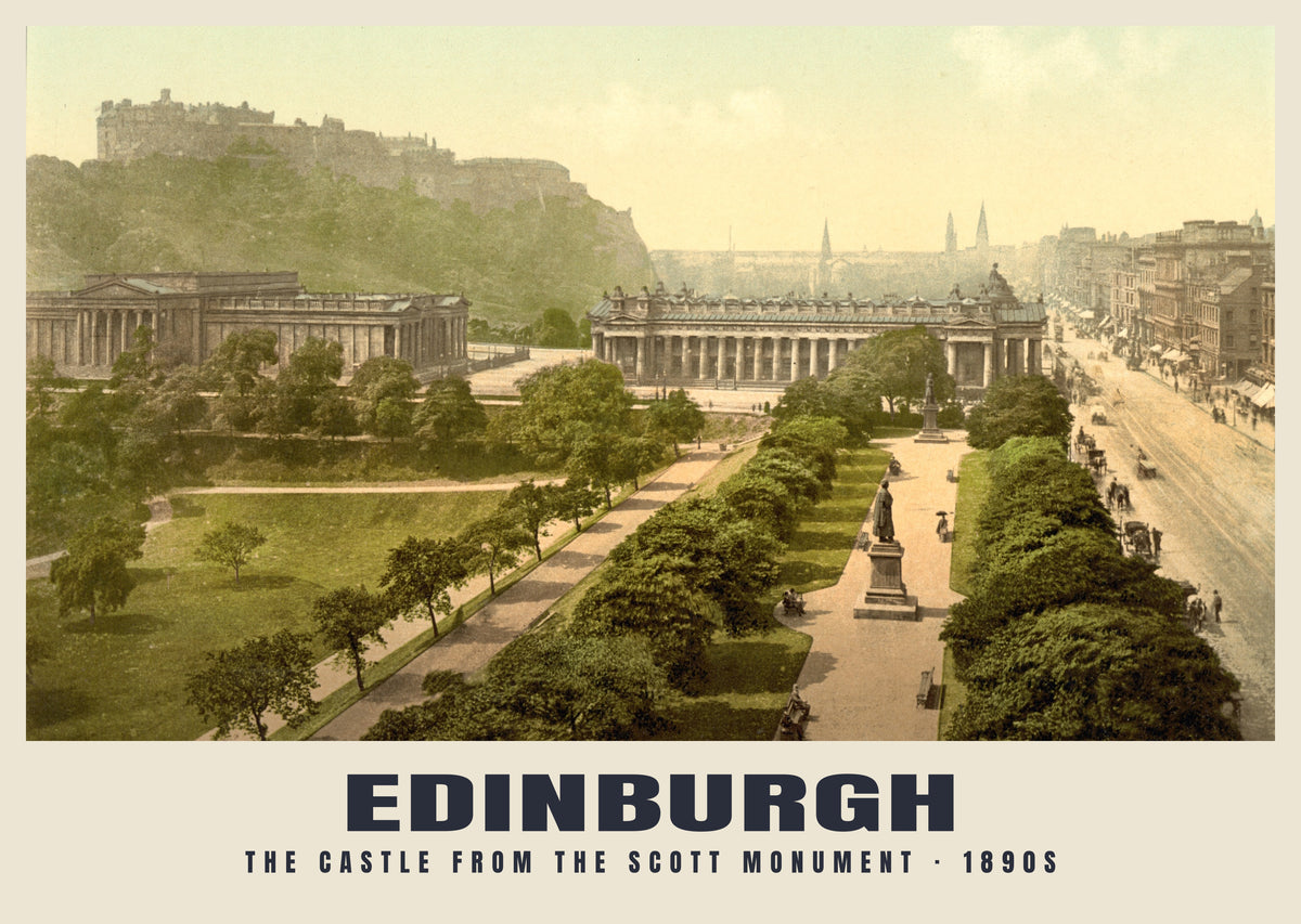Edinburgh Castle and Princes Street, 1890s hand-coloured photochrom heritage print