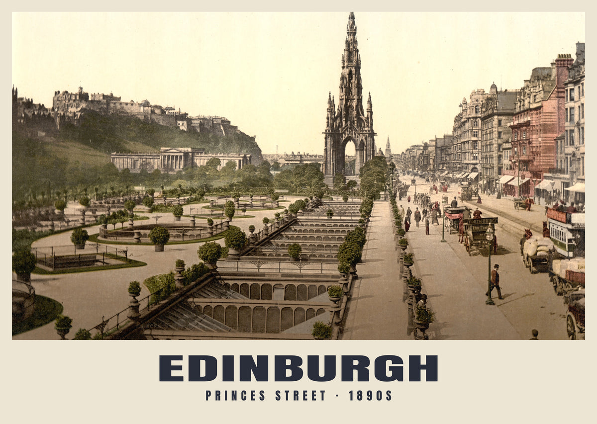 Princes Street, Edinburgh, 1890s hand-coloured photochrom heritage print