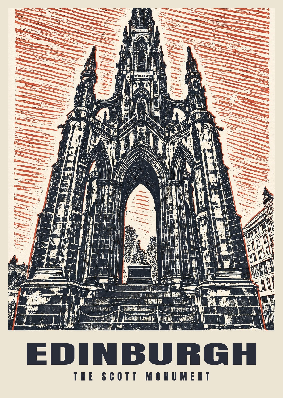 The Scott Monument, Edinburgh poster in the Linocut style