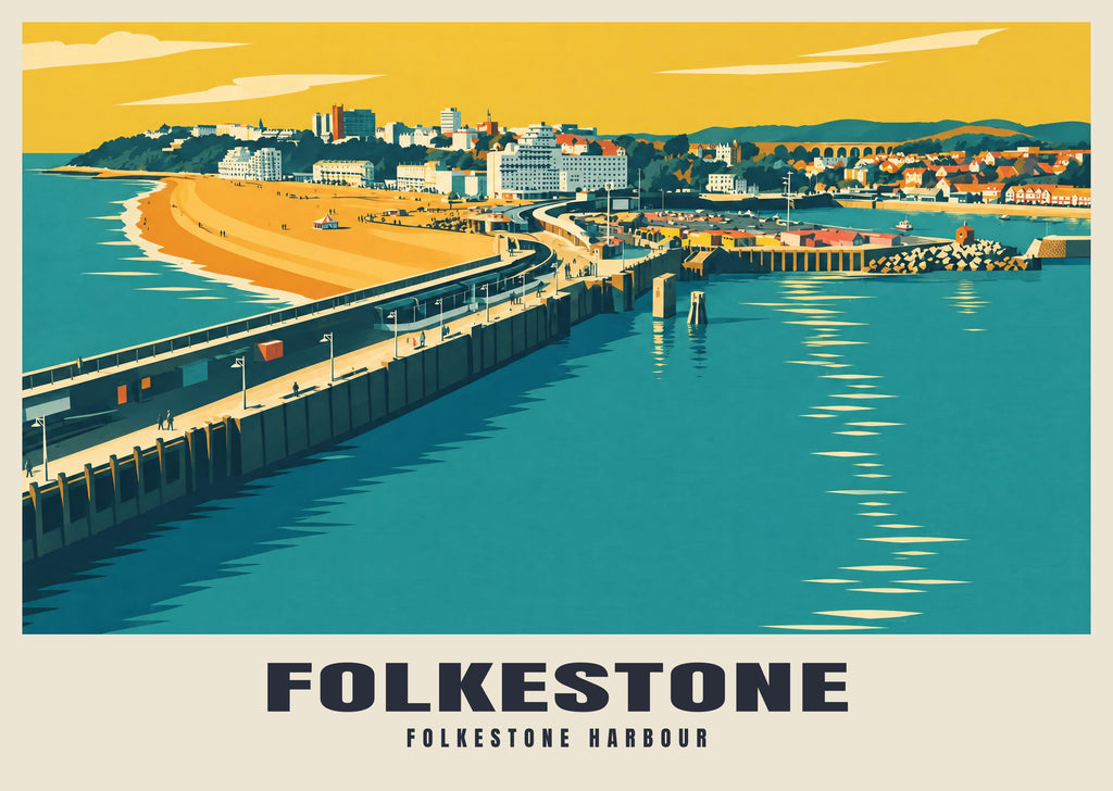 Folkestone Harbour poster in the Mid-Century style