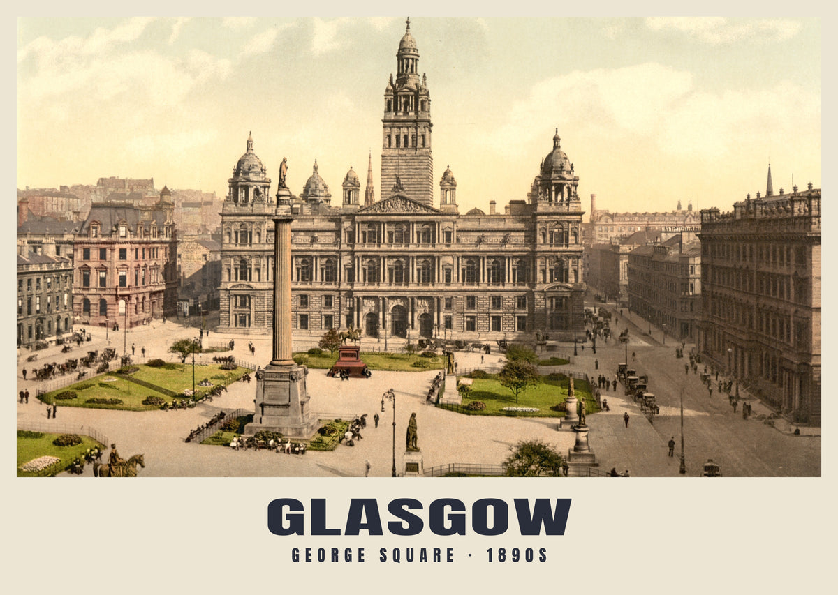 George Square, Glasgow, 1890s hand-coloured photochrom heritage print