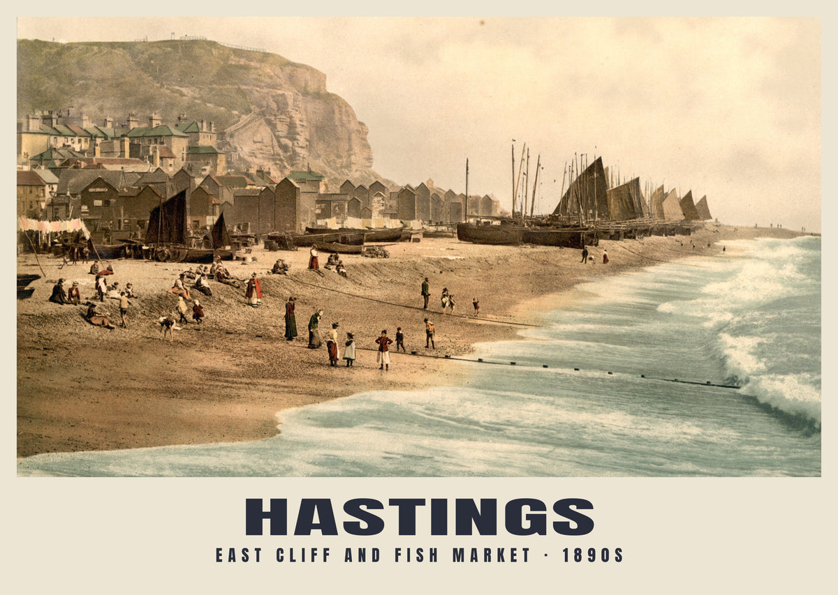 East Cliff and Fish Market, Hastings, 1890s hand-coloured photochrom heritage print