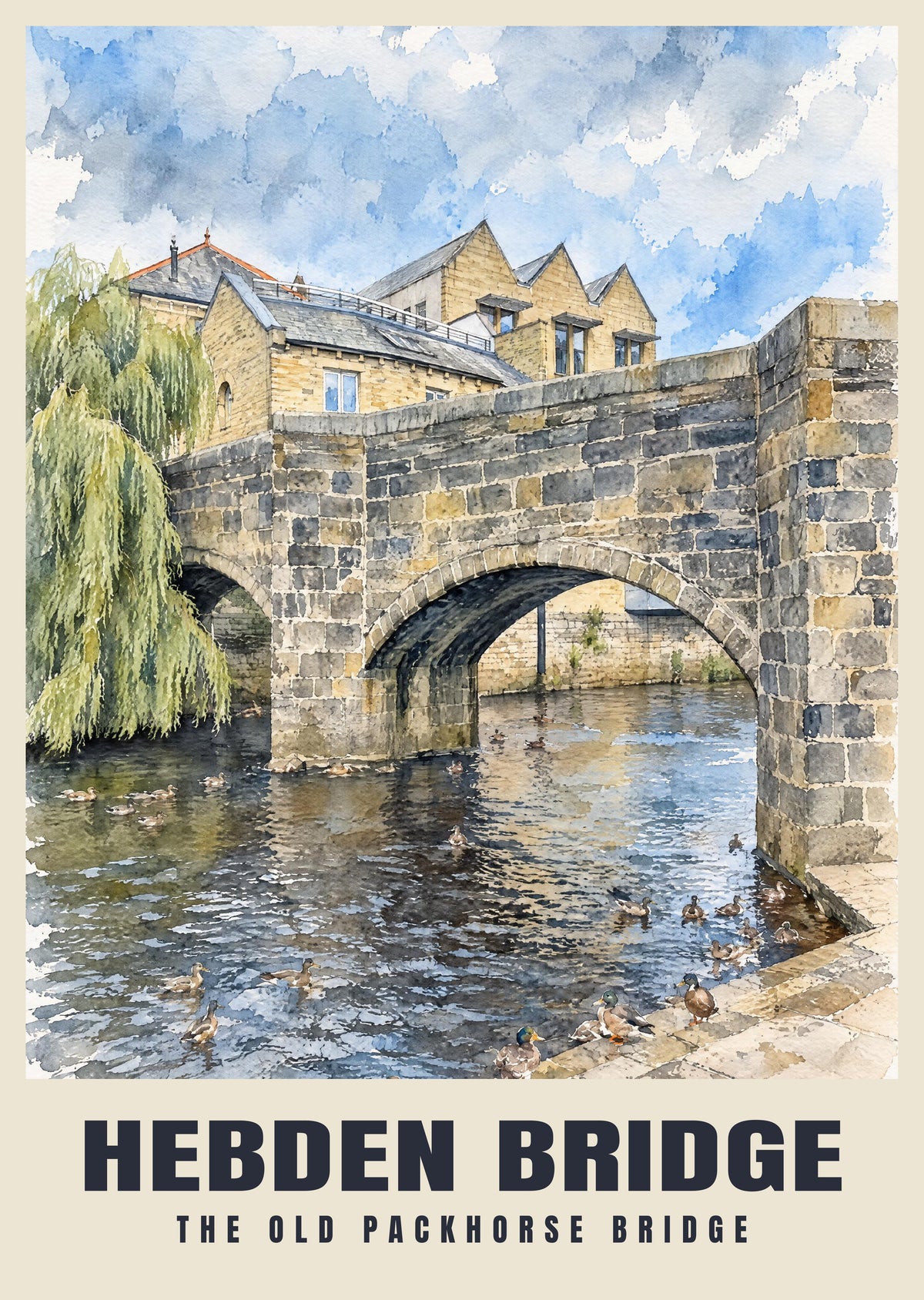 The Old Packhorse Bridge, Hebden Bridge poster, English Watercolour style