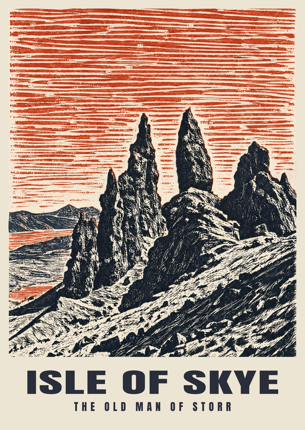 The Old Man of Storr, Isle of Skye poster in the Linocut style