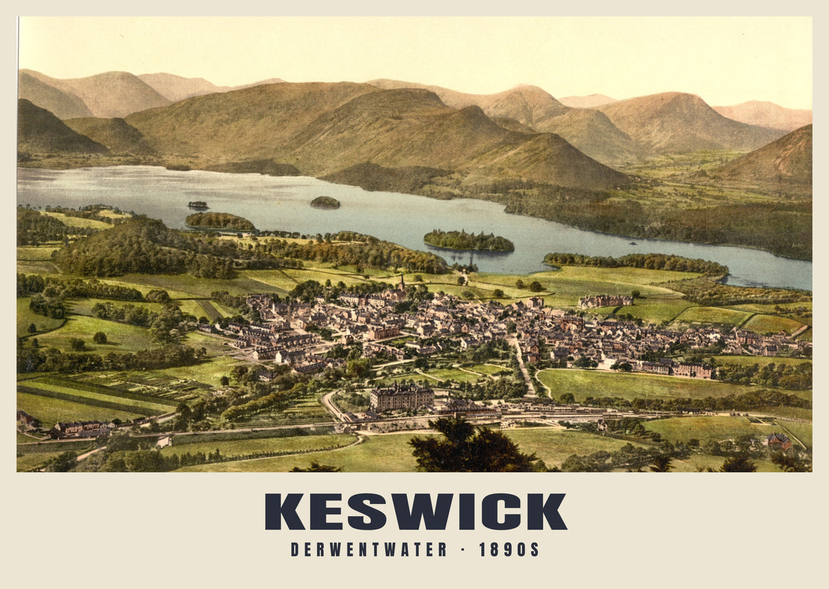 Derwentwater, Keswick, 1890s hand-coloured photochrom heritage print