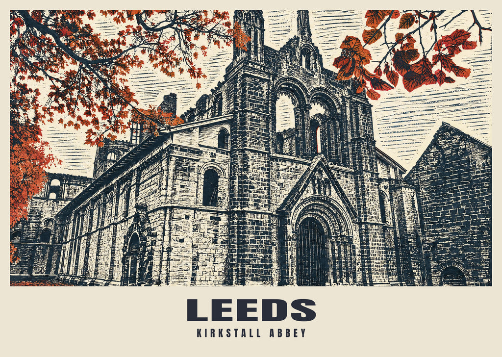 Kirkstall Abbey, Leeds poster in the Linocut style