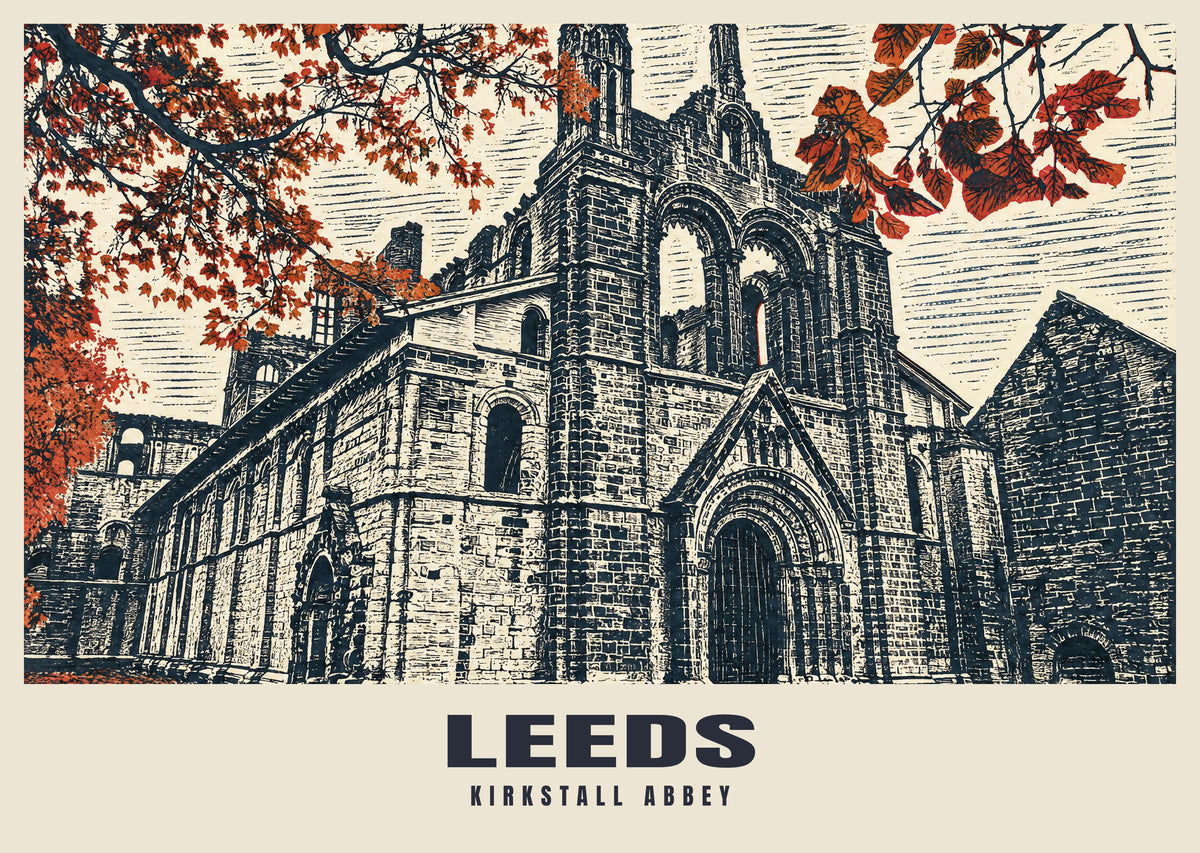 Kirkstall Abbey, Leeds poster in the Linocut style