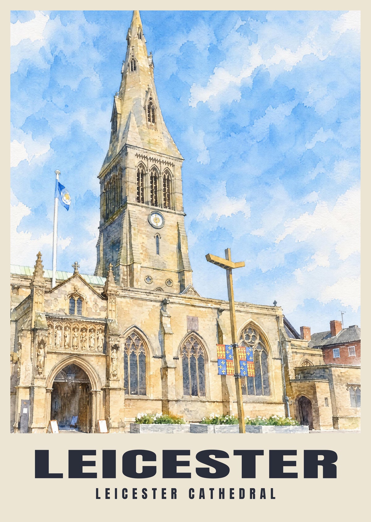 Leicester Cathedral poster in the English Watercolour style