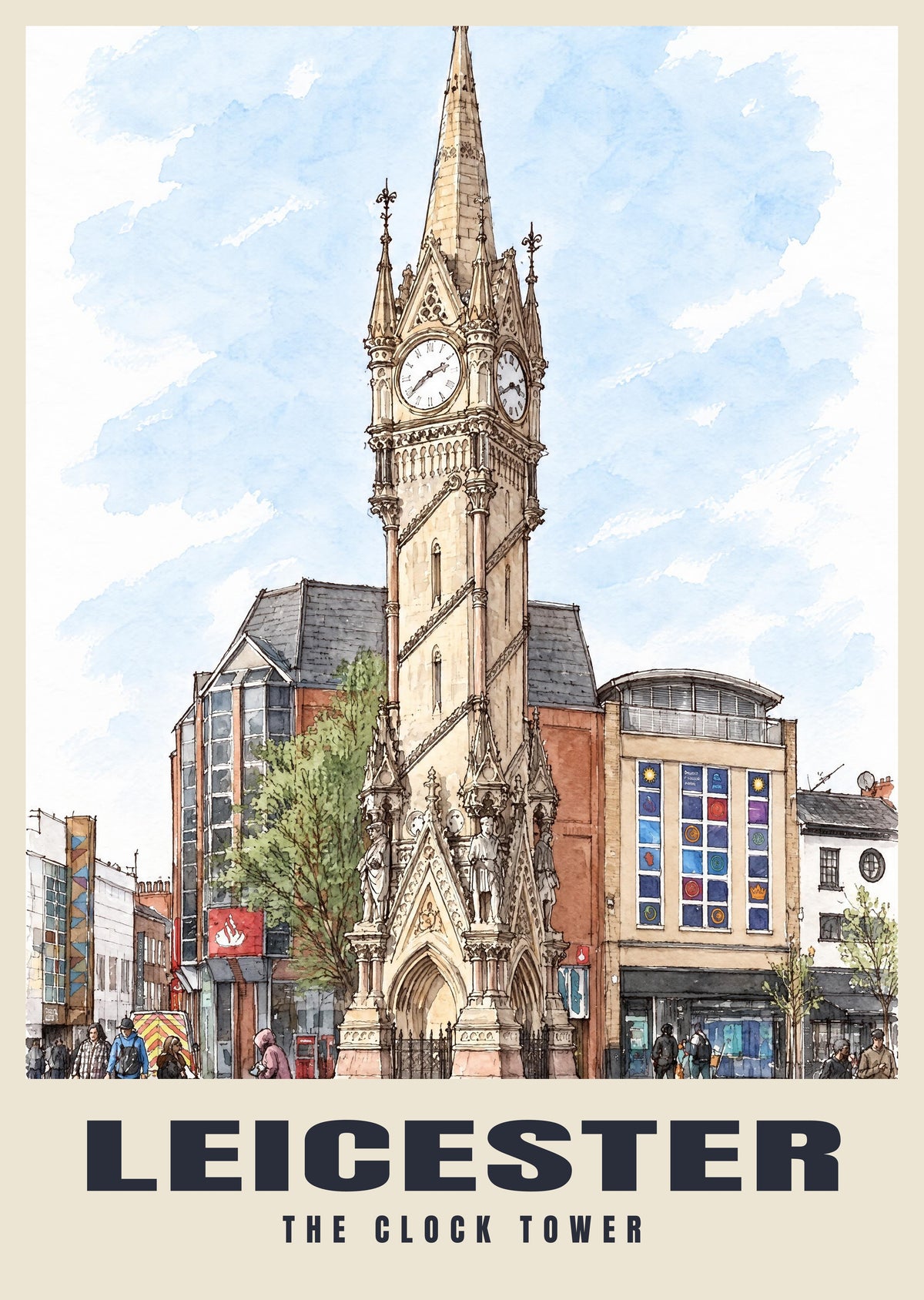 The Clock Tower, Leicester poster in the Ink & Wash style