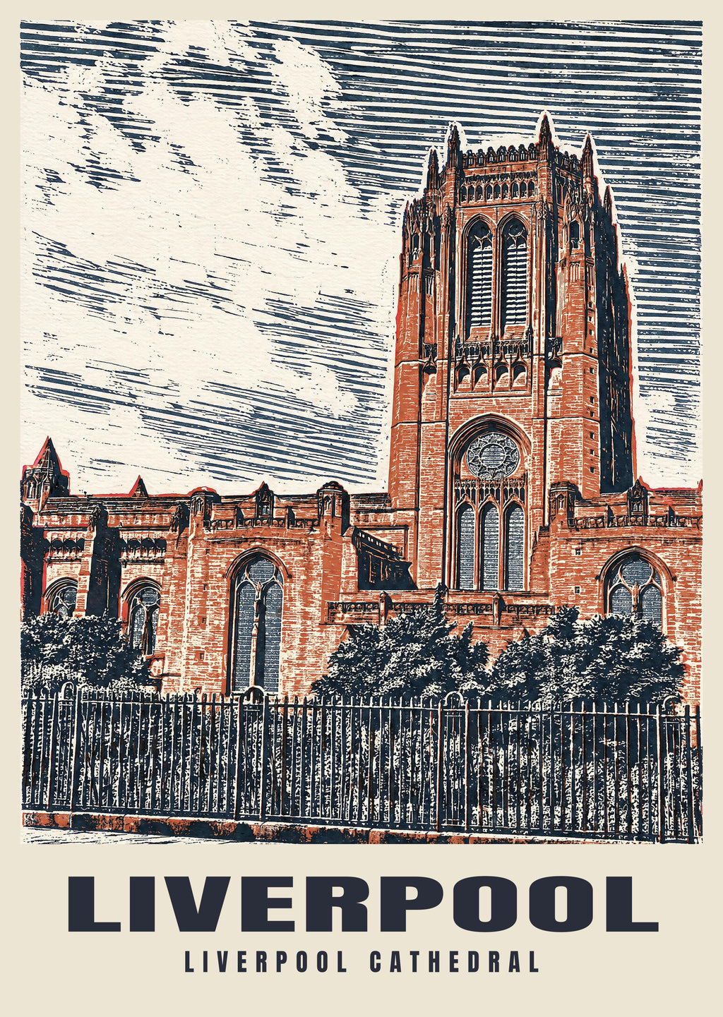 Liverpool Cathedral poster in the Linocut style