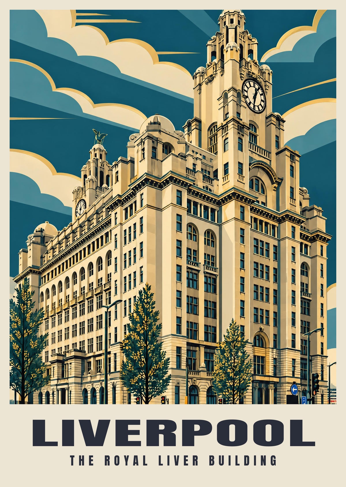 The Royal Liver Building, Liverpool poster in the Art Deco style