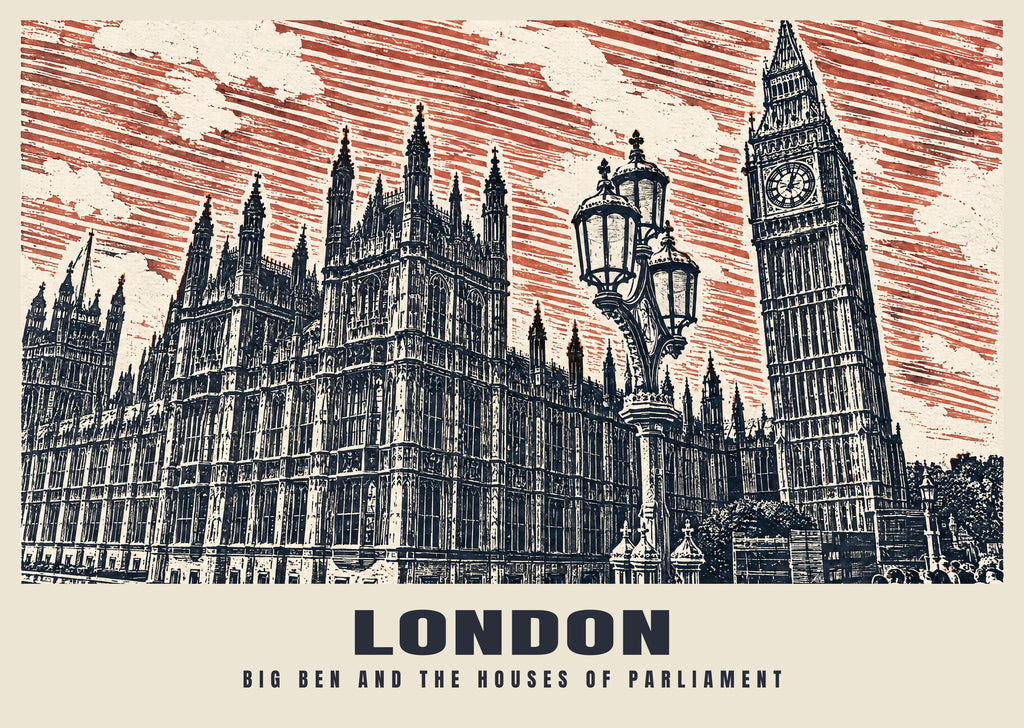 Big Ben and the Houses of Parliament, London poster in the Linocut style