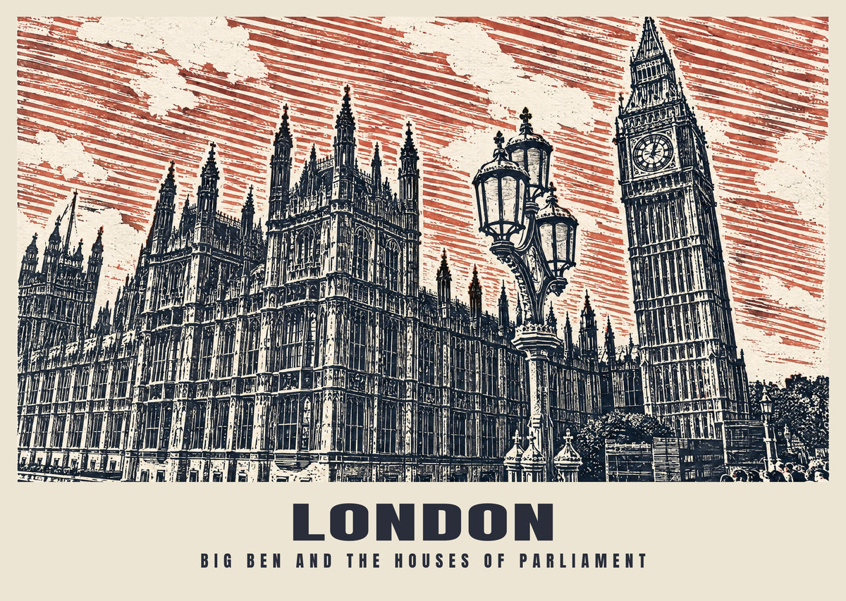 Big Ben and the Houses of Parliament, London poster in the Linocut style