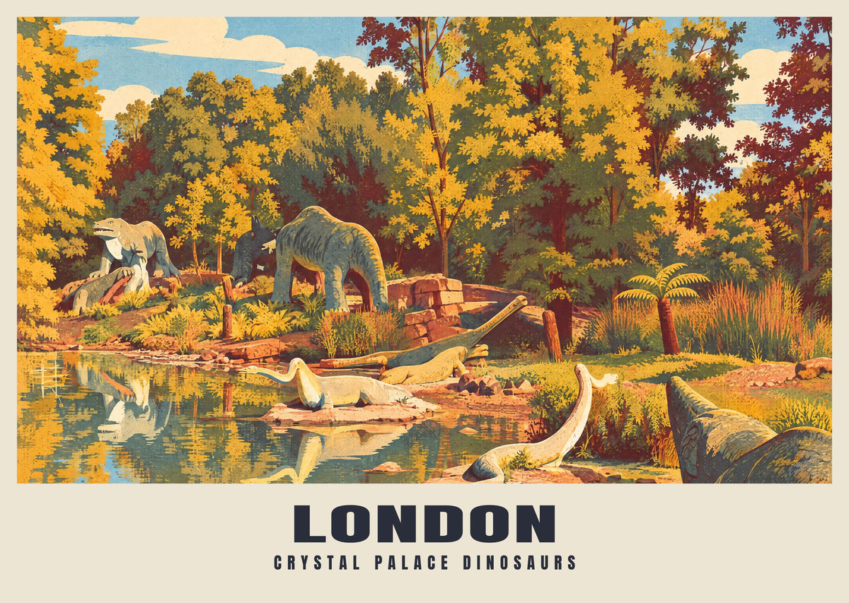 Crystal Palace Dinosaurs, London poster in the Retro Railway style