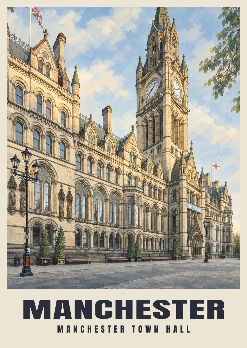 Manchester Town Hall poster in the British Heritage style