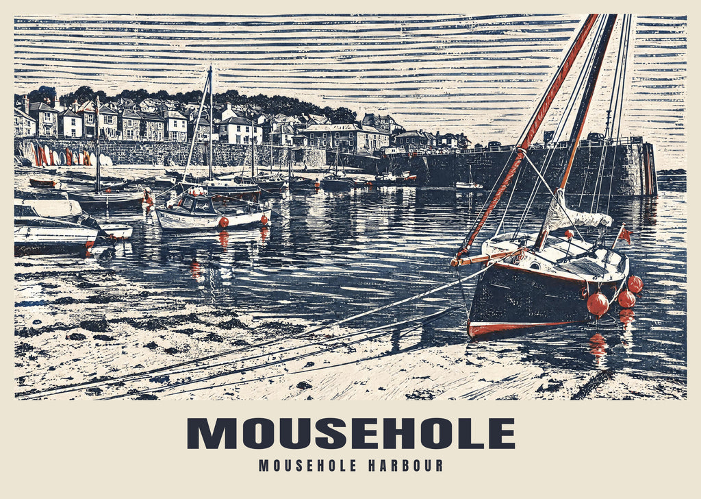 Mousehole Harbour poster in the Linocut style