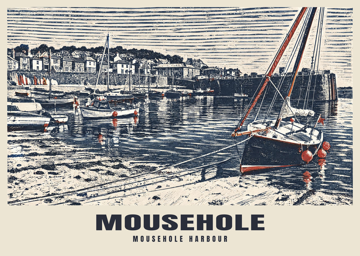 Mousehole Harbour poster in the Linocut style