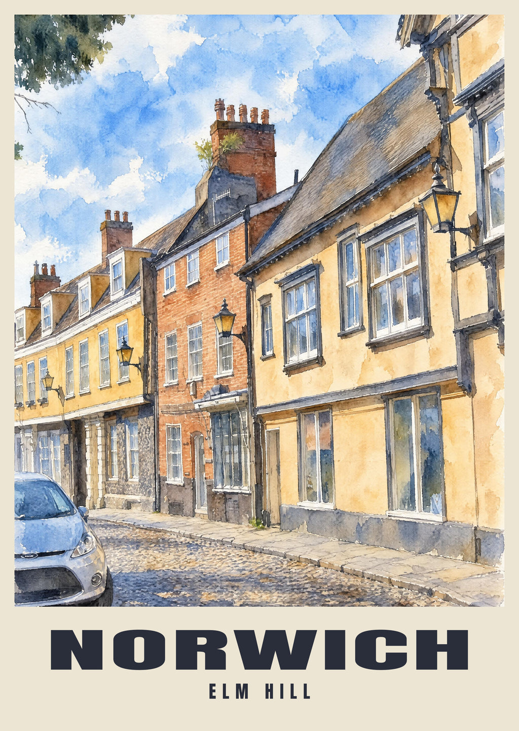 Elm Hill, Norwich poster in the English Watercolour style